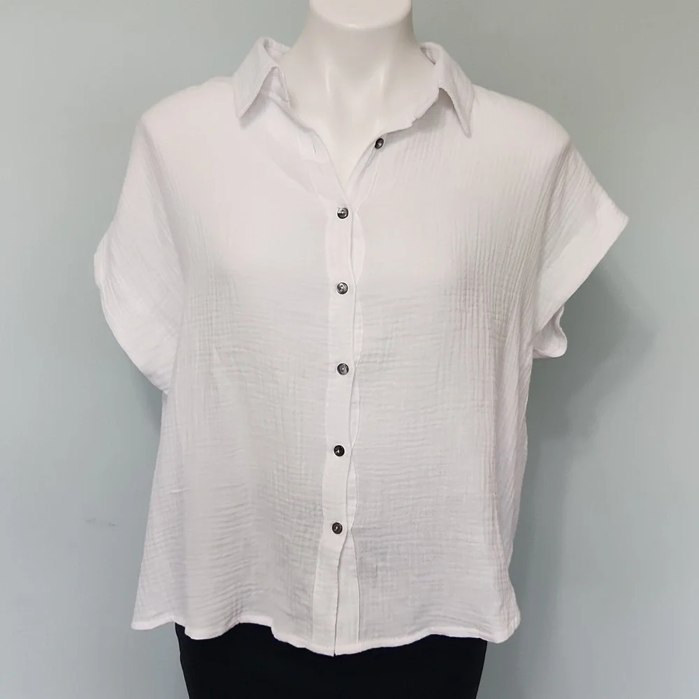Faroro White Button Down Top High Low Lightweight Summer Blouse - Picture 2 of 12
